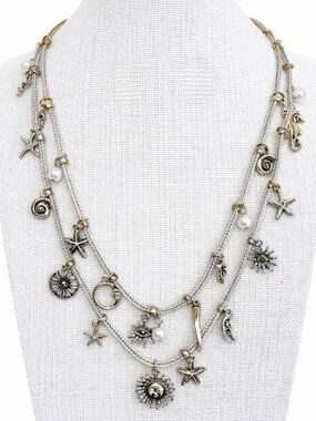 NEW Sunshine By The Sea Mixed Metal Charm Necklace Boho Suns Pearls 2-Layer